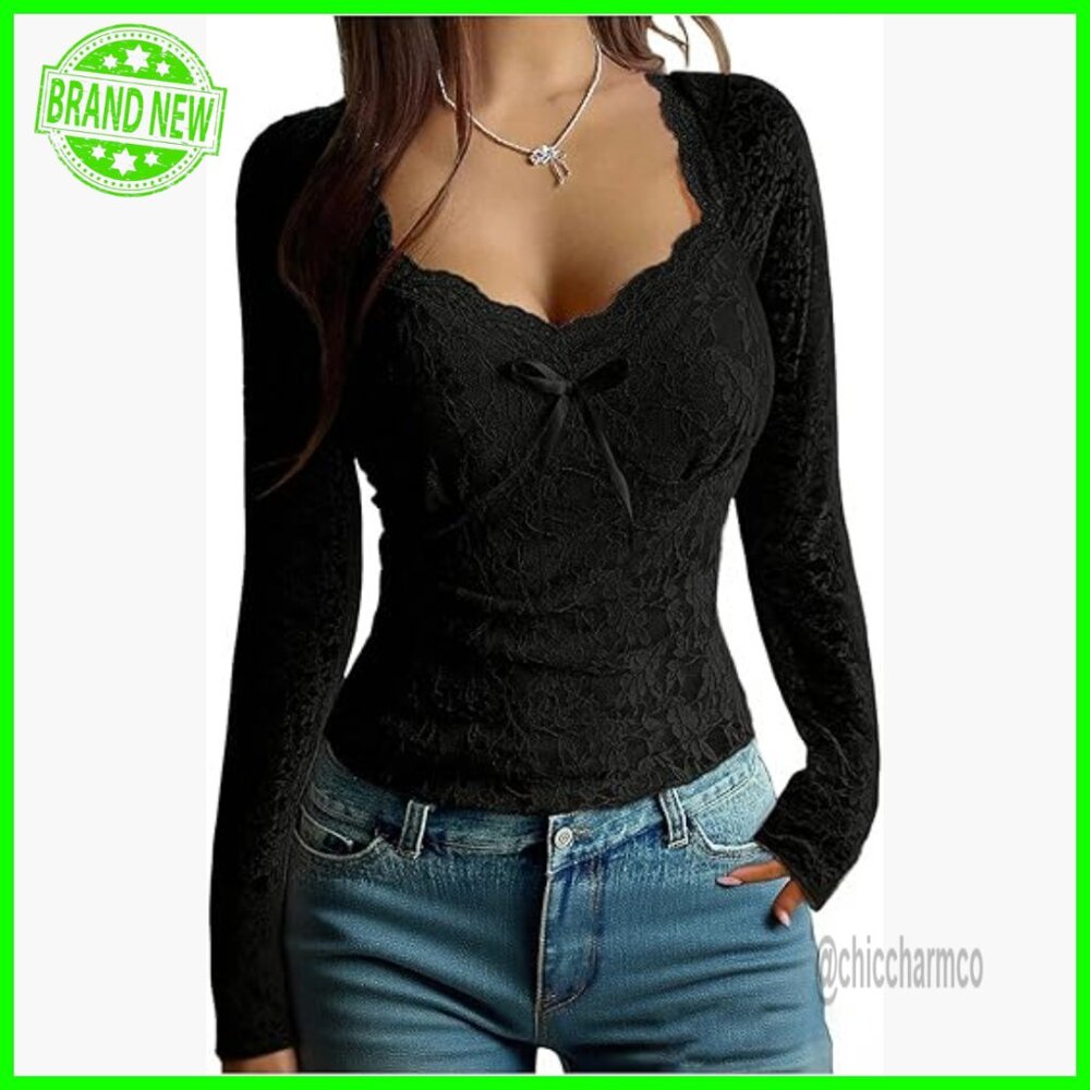 Sheer Lace Long Sleeve Crop Top Slim Fit V-Neck Blouse